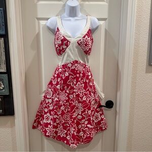 Available Hawaiian V Neck Sleeveless Floral Pink & White Midi Dress